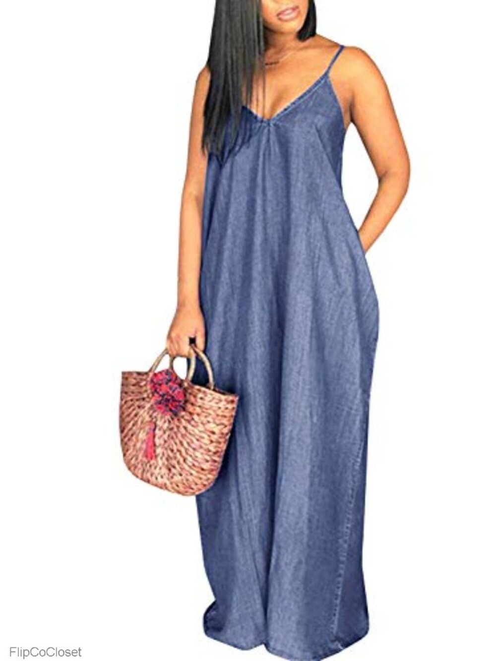 Women's Casual Chambray Maxi Dress Sleeveless Spaghetti Strap